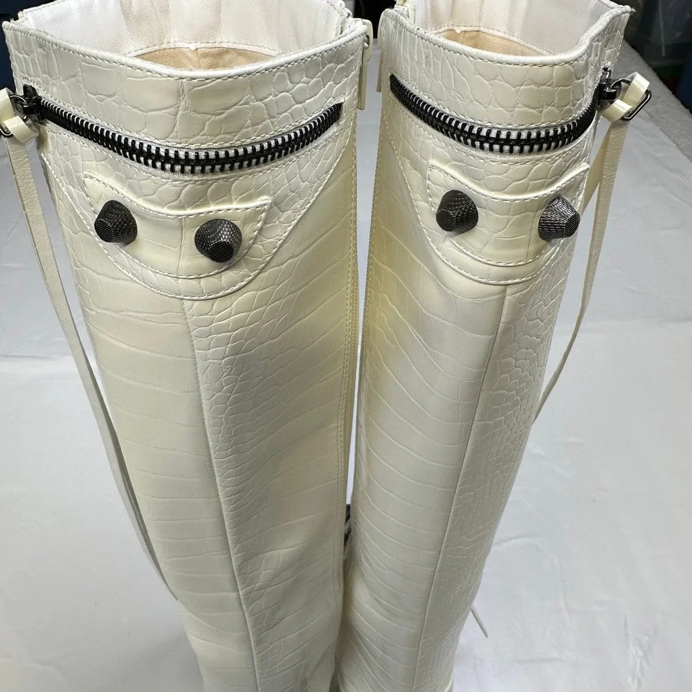 Fashion Nova Knee High Boots Croc Embossed White Stiletto Size 6 - Picture 3 of 13